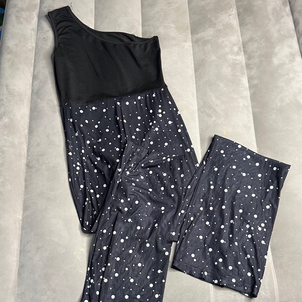 Stylish‎ Black and White Polka Dot Sheer legs Jumpsuit with bodysuit underneath